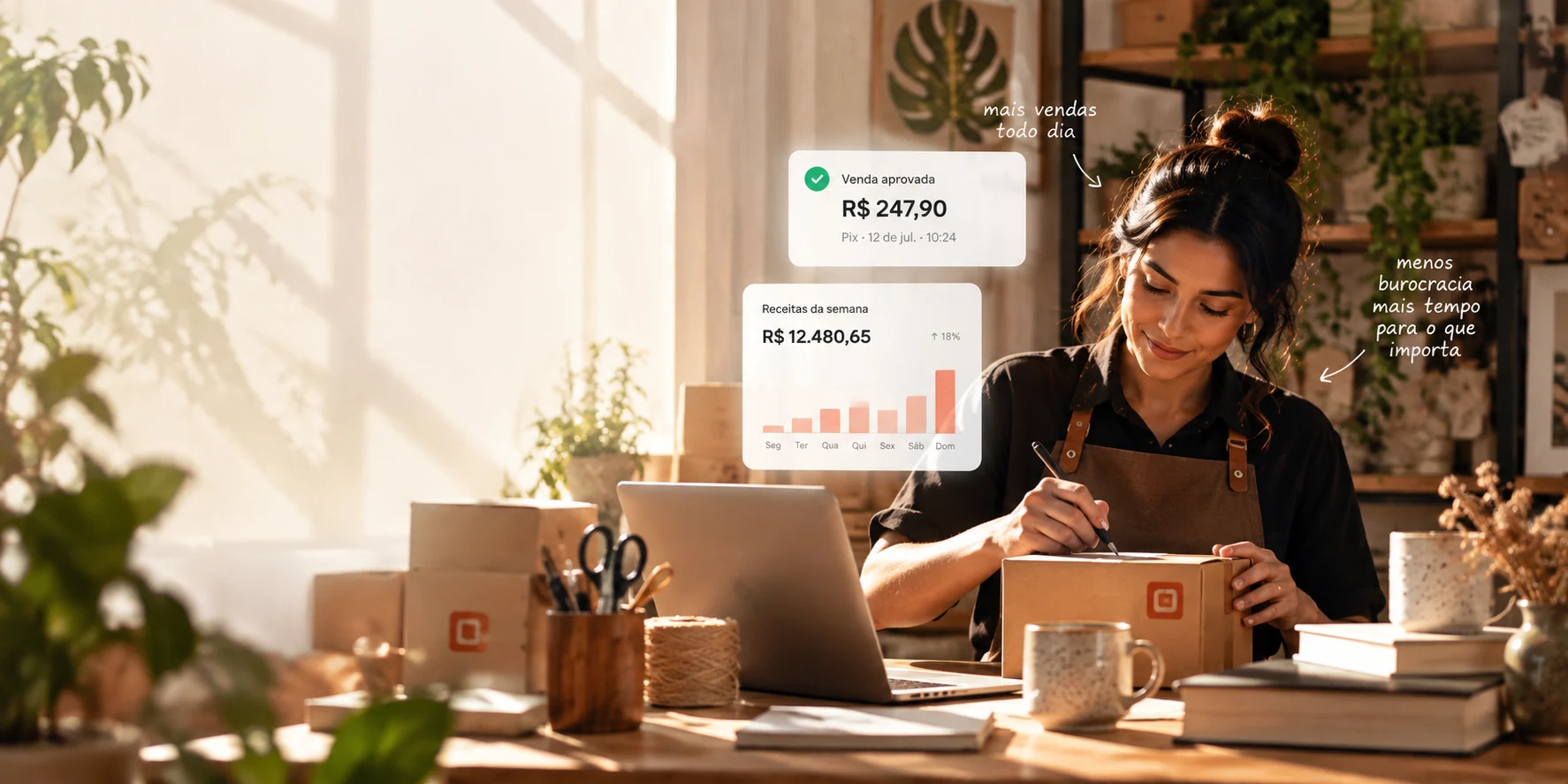 Profissional em um ateliê, anotando um pedido sobre uma caixa, com o laptop e os materiais de trabalho na mesa.