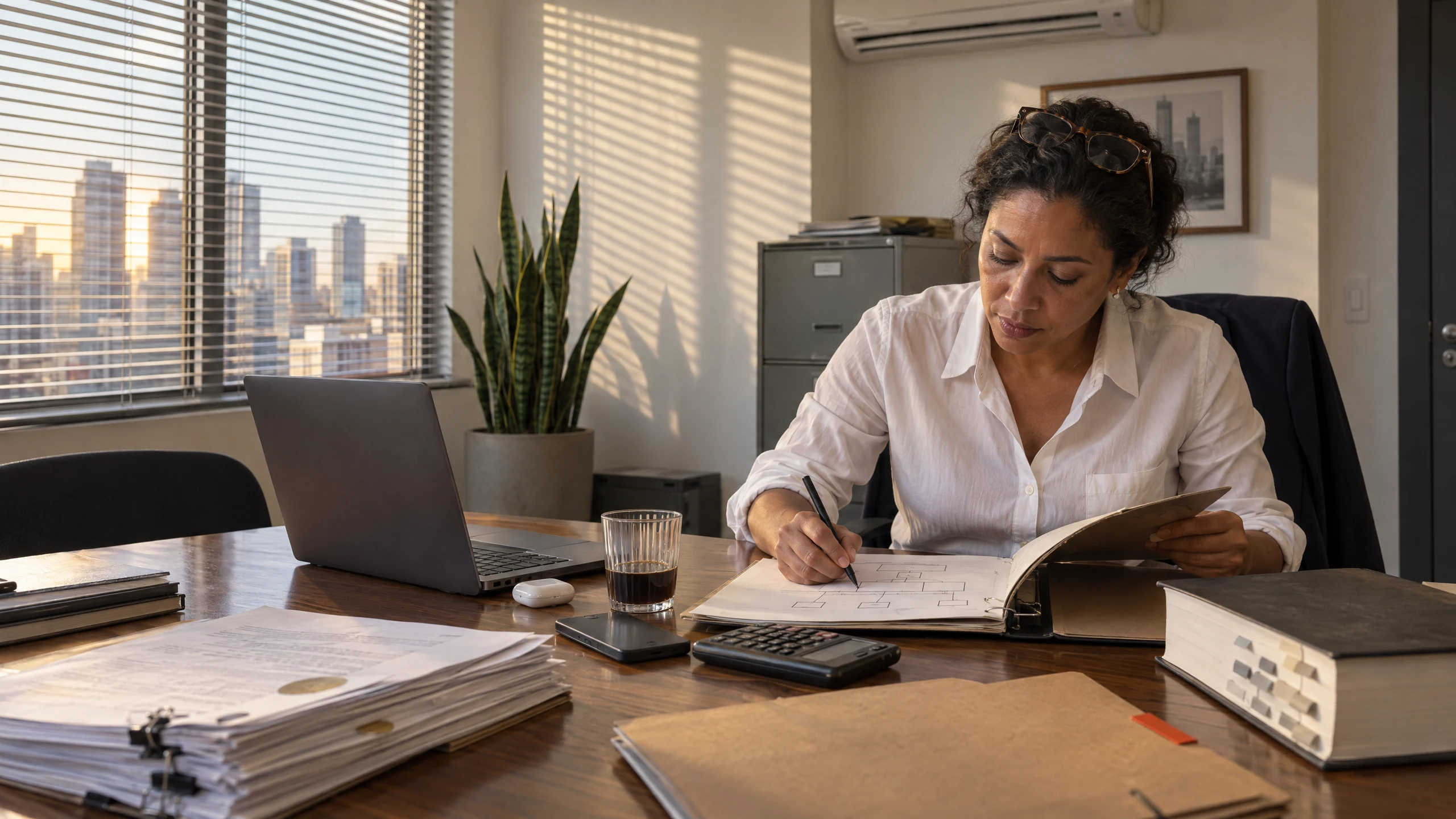 Consultora sentada à mesa do escritório, anotando no fichário do escopo, com a cidade ao fundo pela janela.