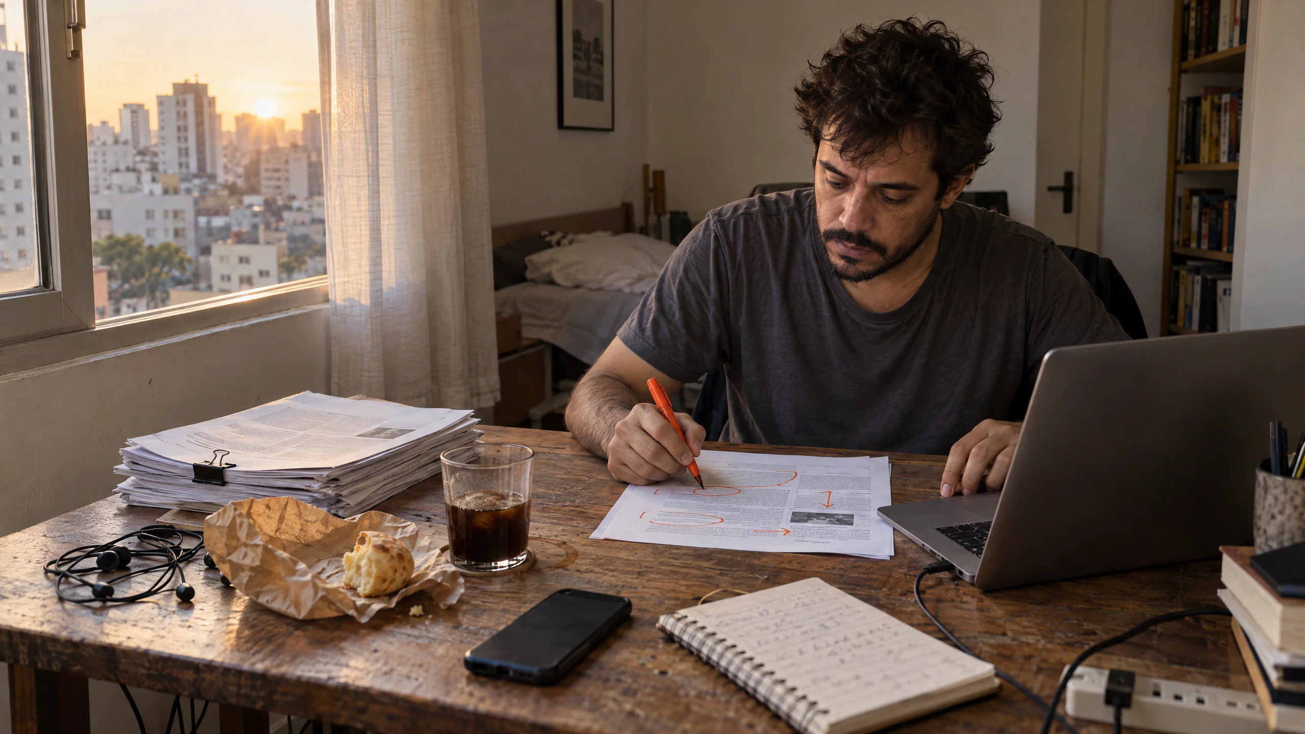 Editor sentado à mesa de trabalho em casa, marcando a prova impressa com caneta laranja, ao lado da pilha de páginas e do laptop.